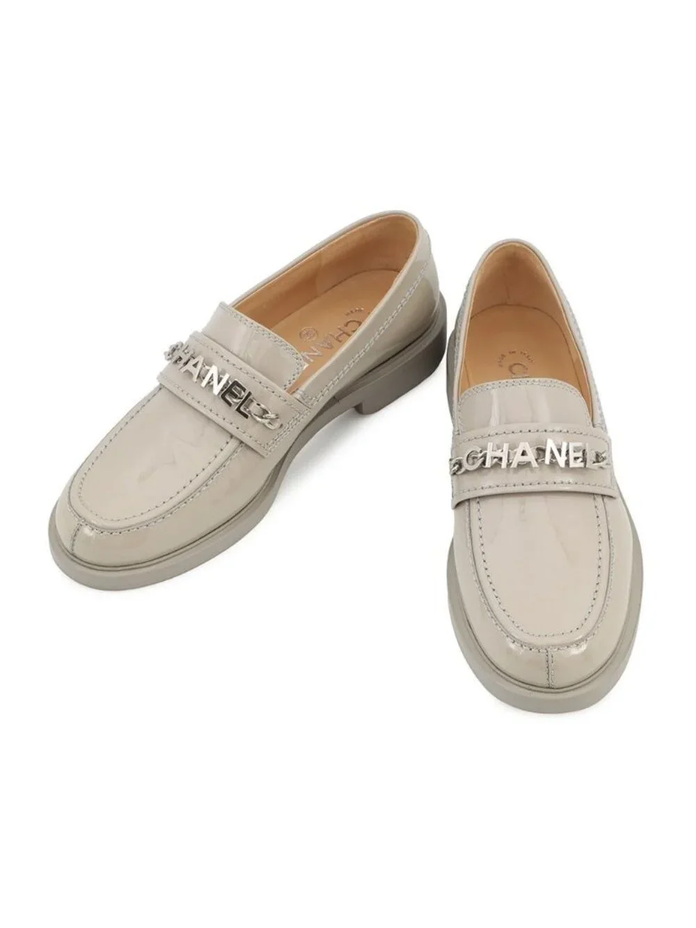 Chanel Loafers CC Logo Chain Patent Leather 37 Light Gray